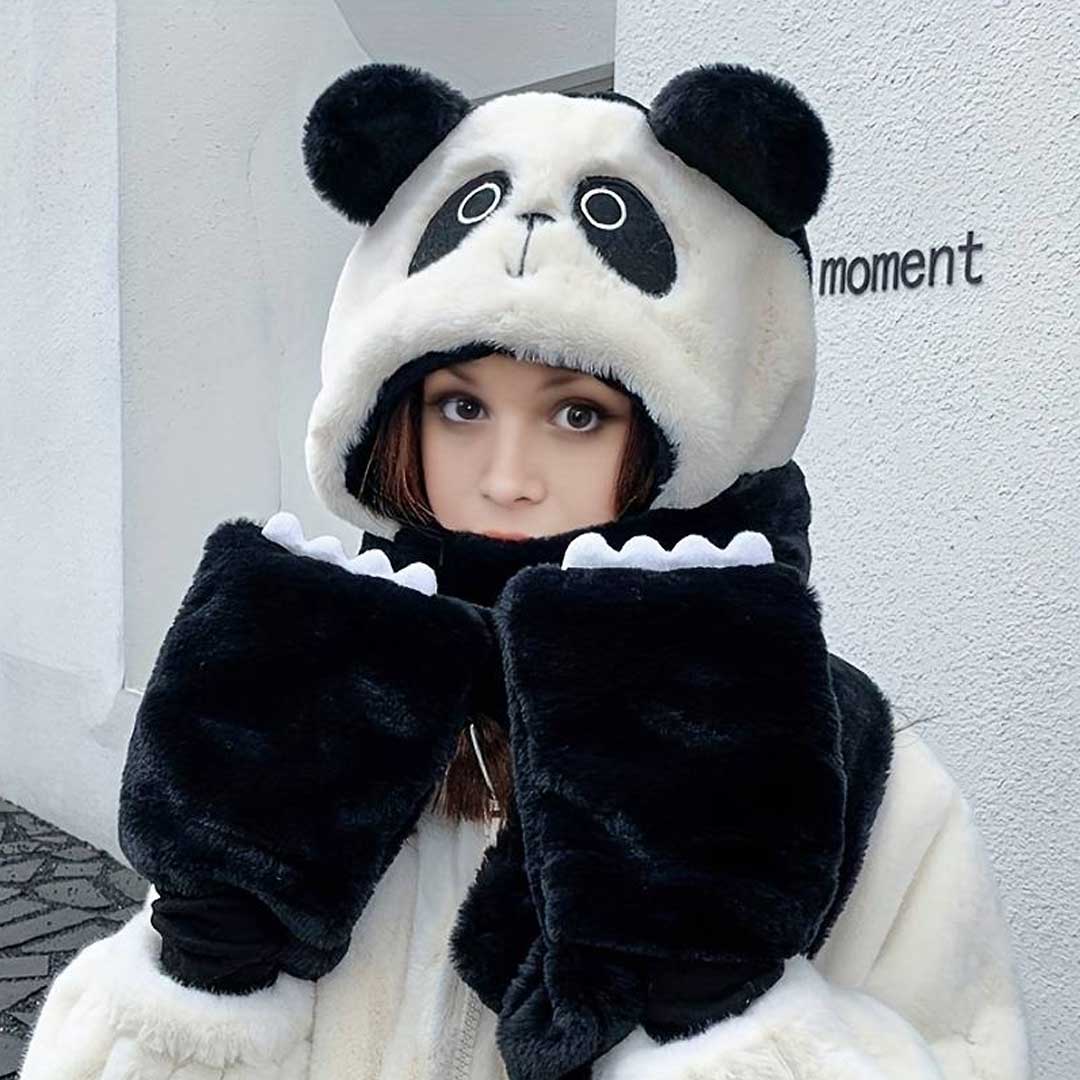 Panda 3 in 1 Winter Set - Hooded Beanie Scarf and Gloves