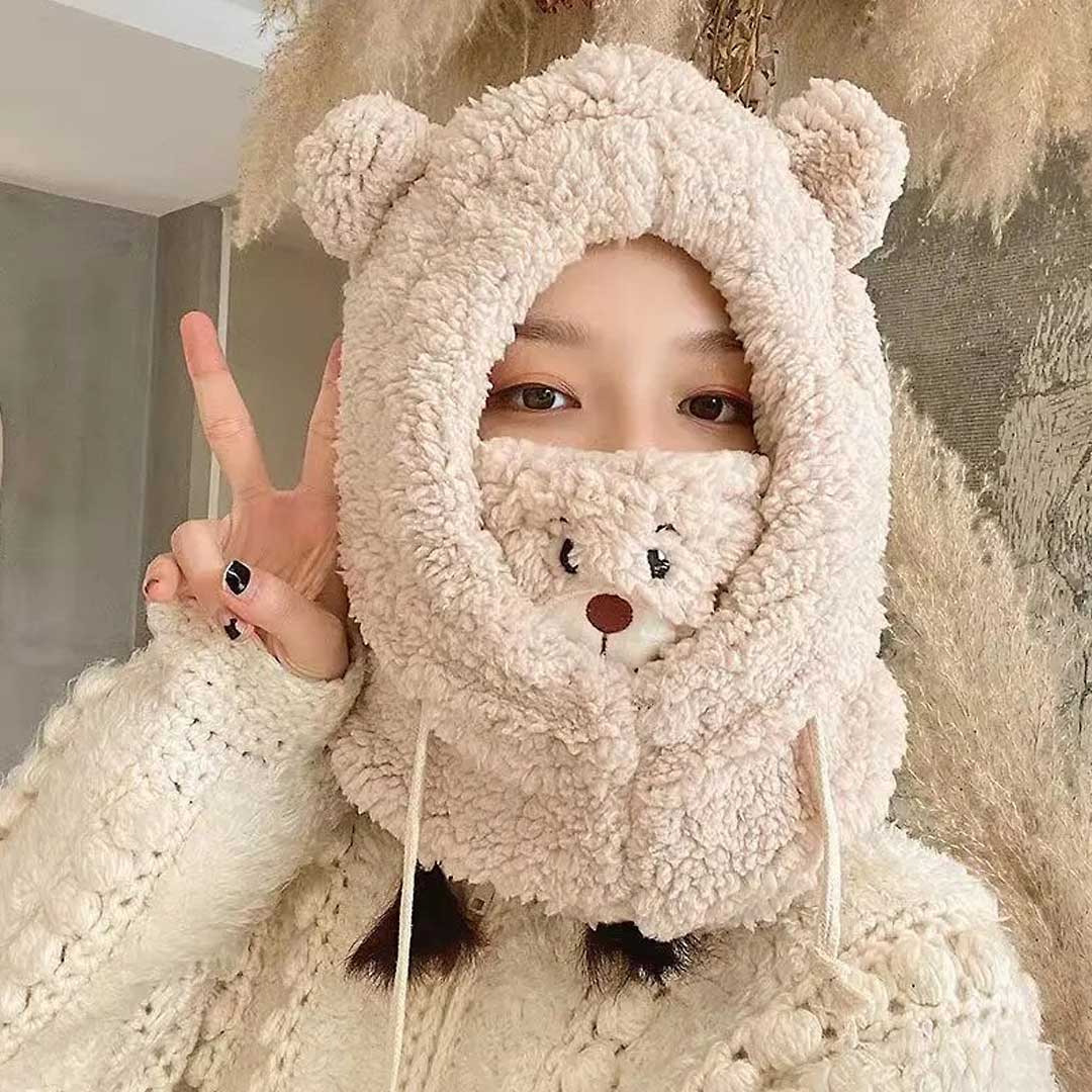 Cute Bear Winter Hooded Beanie Set