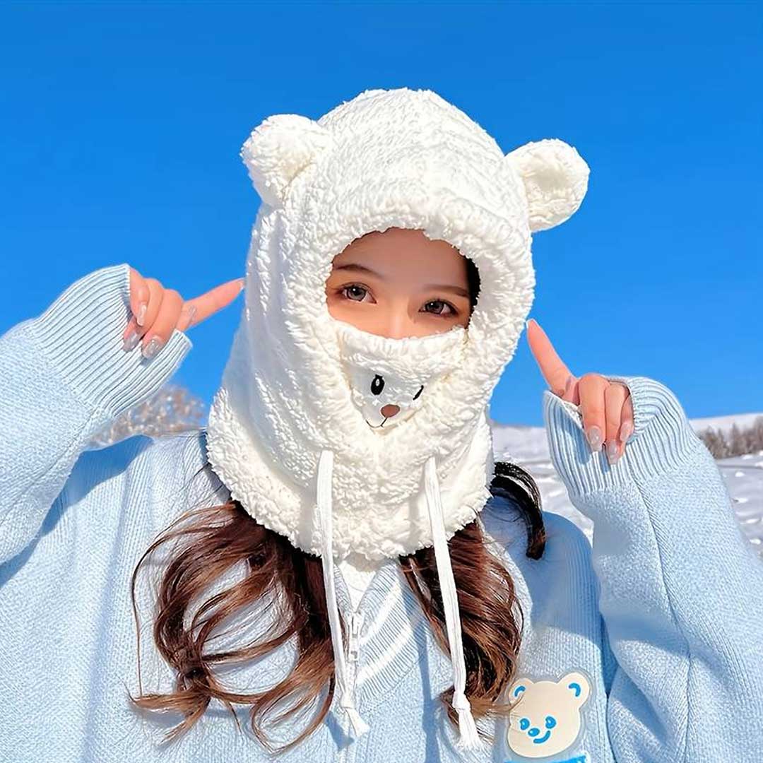 Cute Bear Winter Hooded Beanie Set